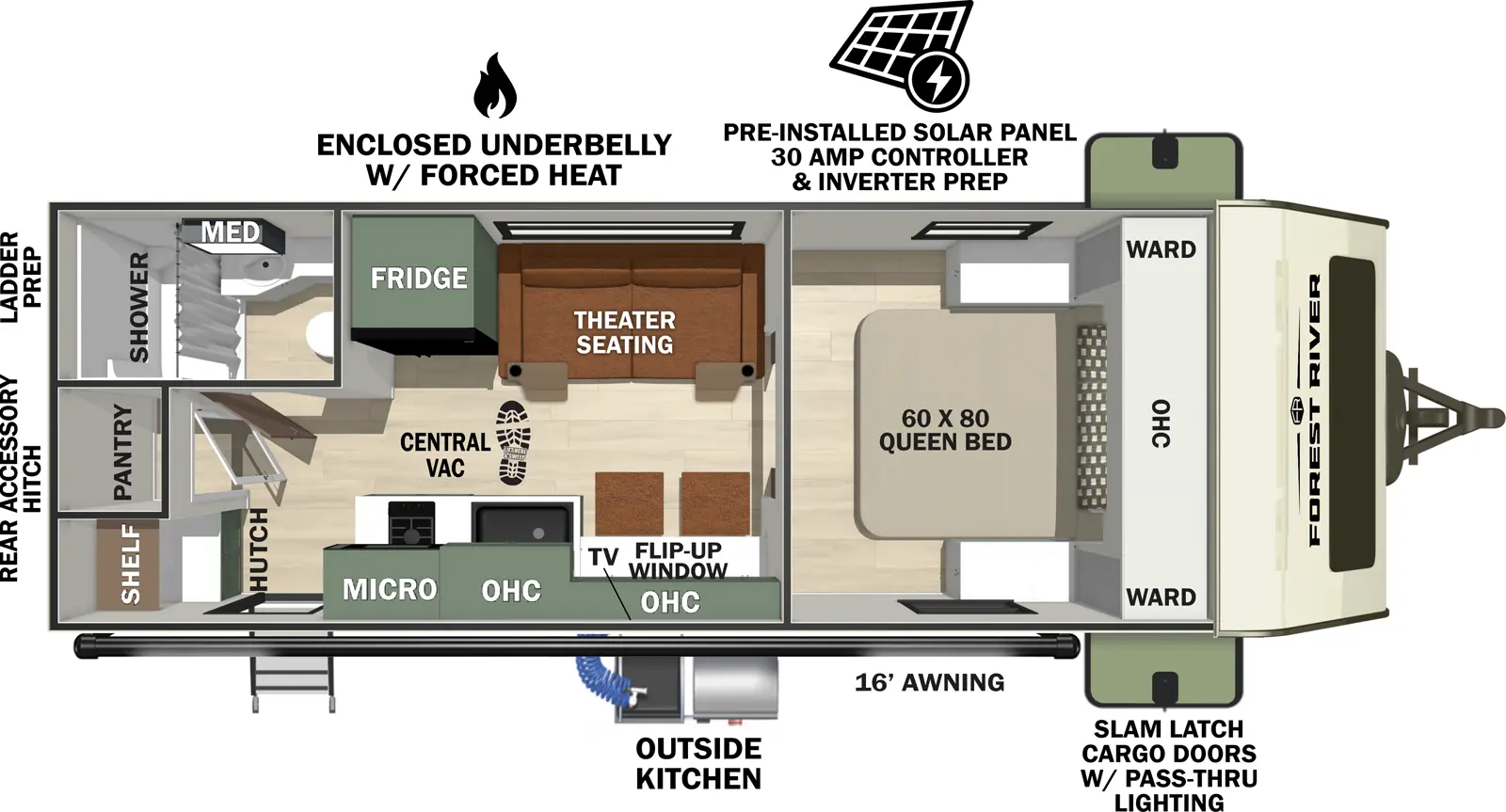 The No Boundaries NB20.2 floorplan has one entry and zero slide outs. Exterior features include: fiberglass exterior, 16' awning and outside kitchen. Interiors features include: front bedroom.